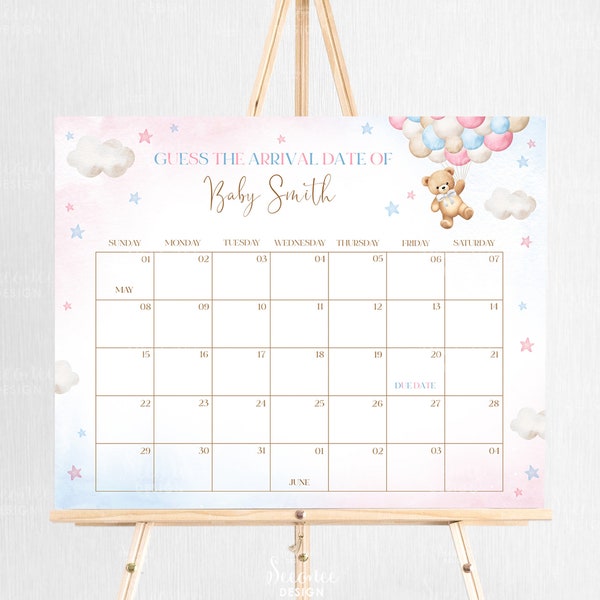 Editable Pink Blue Bear Baby Due Date Calendar Game, Gender Neutral Bear We Can Bearly Wait Baby Shower Arrival Date Calendar Printable A1A5