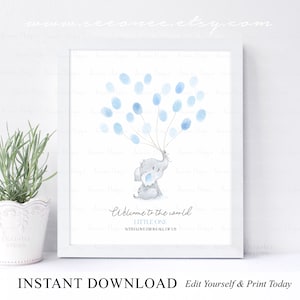 INSTANT DOWNLOAD Editable Blue Elephant Fingerprint Guest Book Alternative, Thumb Print Baby Shower Keepsake, Baby Boy Personalized Gift