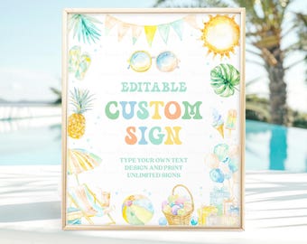 Bewerkbare Pool Party Custom Sign Tropical Splish Splash Pool Party Bash Verjaardagsfeestje Decoratie Tafelbord Afdrukbare Instant Download PB01