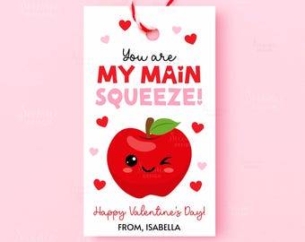 Valentine Applesauce Gift Tag Printable You're My Main Squeeze Valentine's Day Gift Tag Template Cute Apple Valentines Tag Editable Labels