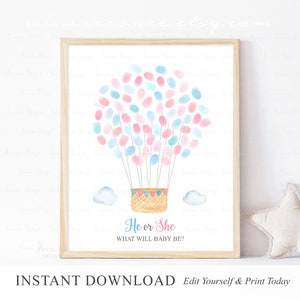 INSTANT DOWNLOAD Editable Hot Air Balloon Gender Reveal Fingerprint Guestbook, He Or She Game Thumbprint Sign, Baby Shower Gift Digital File