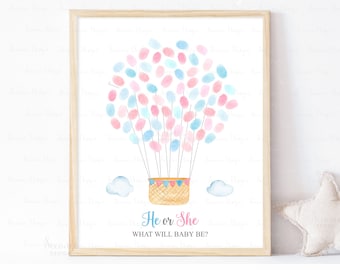 DESCARGA INSTANTE Globo aerostático editable Género Revelar libro de visitas de huellas dactilares, él o ella juego signo de huella digital, archivo digital de regalo de baby shower