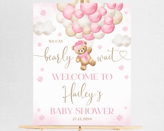 Bearbeitbares Winter-Rosa-Bär-Ballon-Babyparty-Willkommensschild, Baby-Mädchen, Wir können Bären-Babyparty-Willkommensschild warten A1B2