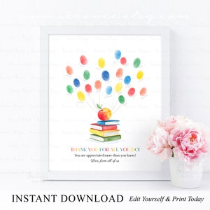 INSTANT DOWNLOAD Editable Apple Fingerprint Art Teacher Appreciation Gift, End of Year Classroom Gift Printable, Thank You For All You Do