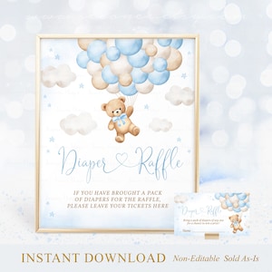 Billets signe de tombola de couches pour baby shower ballon ours bleu, nous pouvons Bearly Wait signe de tombola de couches de baby shower imprimable téléchargement immédiat A1A1