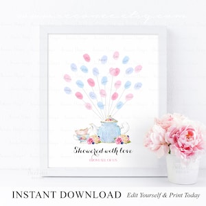 May include: A printable teacup and teapot design with pink and blue balloons for a baby shower guest book. The text reads "Showered with love from all of us".