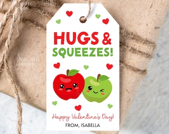Hugs And Squeezes Valentine's Day Tag Printable Valentines Applesauce Treat Tag Class, Preschool, Classroom, Squeeze Pouch Gift Tags Labels