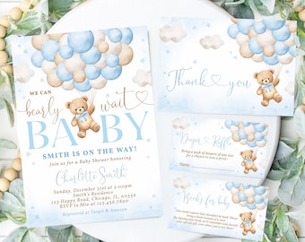 Editable Blue Bear Balloon Baby Shower Invitation Set, We Can Bearly Wait Baby Shower Invite Bundle, Boy Boho Bear Baby Shower Invite A1A1