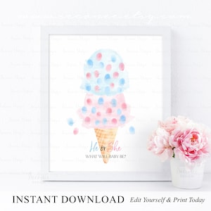 INSTANT DOWNLOAD Editable Ice Cream Gender Reveal Guestbook Sign, He Or She What Will Baby Be Game, Pink Or Blue Ice Cream Gender Guess Game