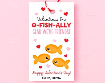 Printable Goldfish Valentine Gift Tags O-Fish-Ally Glad We're Friend Cards O Fish Ally Kid Valentines Day Favor Tags Classroom Treat Bag Tag