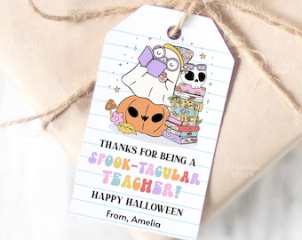 Etiquetas de regalo de Halloween para profesores con el mensaje "Gracias por ser un profesor espeluznante", etiquetas de regalo para profesores para fiestas de Halloween en la escuela, etiquetas de regalo editables para descargar al instante