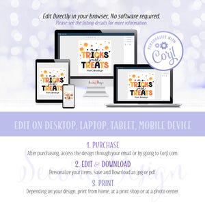 May include: A digital Halloween-themed design displayed on various devices, including a computer, tablet, and phone. The design features the text "No Tricks Just Treats" in orange, black, and white, with the option to personalize it.