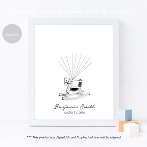 May include: A framed print featuring a black and white illustration of a rocking horse with lines radiating from it. The name "Benjamin Smith" and the date "AUGUST 5, 2036" are printed below the rocking horse. The words "Digital file" are in a circle in the upper left corner.