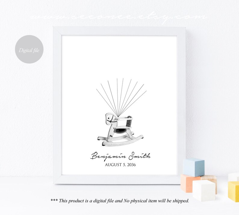 May include: A framed print featuring a black and white illustration of a rocking horse with lines radiating from it. The name "Benjamin Smith" and the date "AUGUST 5, 2036" are printed below the rocking horse. The words "Digital file" are in a circle in the upper left corner.