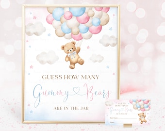 Guess How Many Gummy Bears are in the Jar Game Sign Printable, Pink Blue We Can Bearly Wait Boho Bear Baby Shower Game Instant Download A1A5