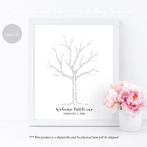 May include: A printable black and white tree outline with the text "Welcome little one" and the date "February 5, 2048". This is a digital download, no physical item will be shipped.