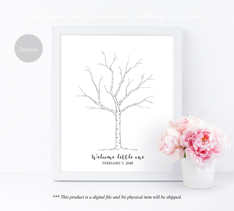 May include: A printable black and white tree outline with the text "Welcome little one" and the date "February 5, 2048". This is a digital download, no physical item will be shipped.