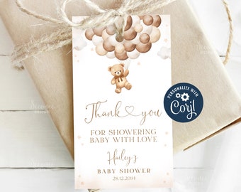 Editable Brown Teddy Bear Baby Shower Thank You Tag, Gender Neutral Boho Bear Balloon Baby Shower Favors Tag Template Instant Download A1A2