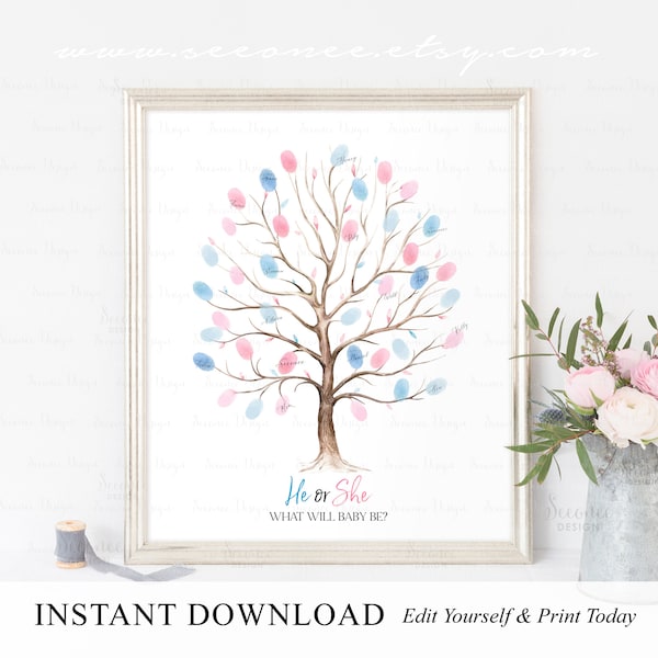 INSTANT DOWNLOAD Editable Gender Reveal Fingerprint Tree Guestbook Sign, He Or She Gender Guess Game, What Will Baby Be Thumbprint Art Gift