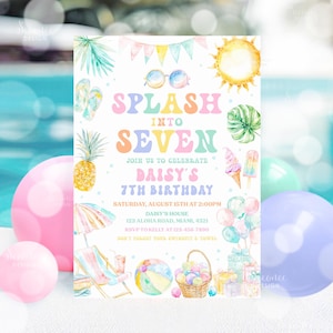 Editable Splash Into Seven 7th Birthday Pool Party Invitation Summer Splish Splash Bash Pool Party Invites Printable Instant Download PP01