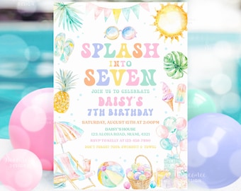 Edytowalne zaproszenie na imprezę przy basenie Splash Into Seven na 7. urodziny Summer Splish Splash Bash Pool Party Zaproszenia do wydruku Natychmiastowe pobranie PP01