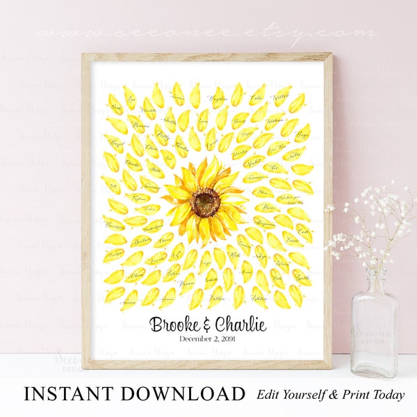 INSTANT DOWNLOAD Editable Sunflower Petals Signature Wedding Guestbook Alternative, Sunflower Wedding Keepsake, Sunflower Engagement Gift