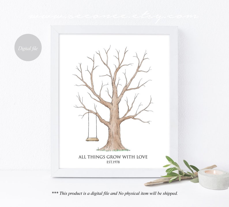 Family tree Fingerprint tree with swing guestbook alternative Thumbprint guest book wedding tree poster Digital file Reunion keepsake