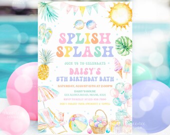 Editable Summer Splish Splash Water Birthday Party Invitation Splash Pad Water Slide Paddling Pool Party Invitation Instant Download PP01