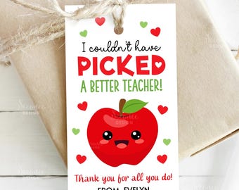 I Couldn't Have Picked A Better Teacher Gift Tag Apple Teacher Appreciation Tags, Apple Teacher Thank You Gift Tags Preschool Daycare School