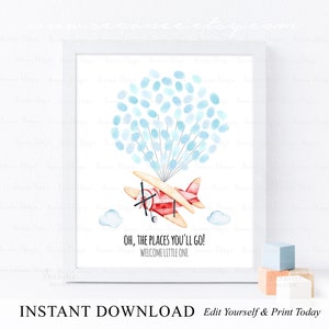 SOFORTIGER DOWNLOAD Bearbeitbares rotes Flugzeug Baby Shower Fingerabdruck Gästebuch Zeichen, Oh The Places You&#39;ll Go! Baby Andenken, Auf und Weg Geschenk