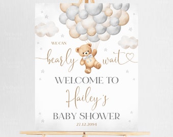 Editable Gender Neutral Bear Balloon Baby Shower Welcome Sign, We Can Bearly Wait Boho Bear Balloon Baby Shower Welcome Sign Poster, A1A6