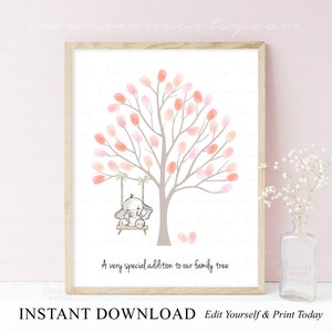 Elephant Fingerprint Tree Guestbook, Elephant Baby Shower Guestbook Alternative, Editable Baby Shower Thumbprint Tree, Baby Keepsake Gift