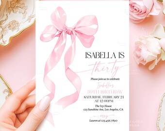 Pink Bow 30th Birthday Invitation Template Minimalist Pink Bow Thirtieth Birthday Party Invite Editable Digital Instant Download A2P1