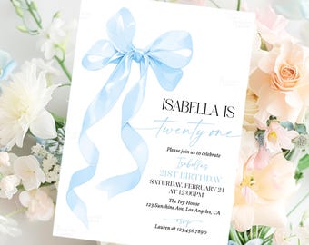 21st Birthday Invitation Template Blue Bow Twenty One Birthday Party Invites Printable Coquette Ribbon Bow Invitation Instant Download A2B1