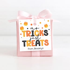 May include: A pink gift box tied with a light pink ribbon and bow. A white tag with the words "no tricks just treats" in orange, black, and yellow is attached. The tag also says "From, Brooklyn."