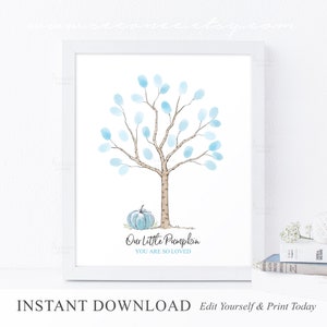 INSTANT DOWNLOAD Editable Blue Pumpkin Fingerprint Tree Guestbook Alternative, Halloween Boy Birthday Thumbprint Art, Fall Baby Shower Gift
