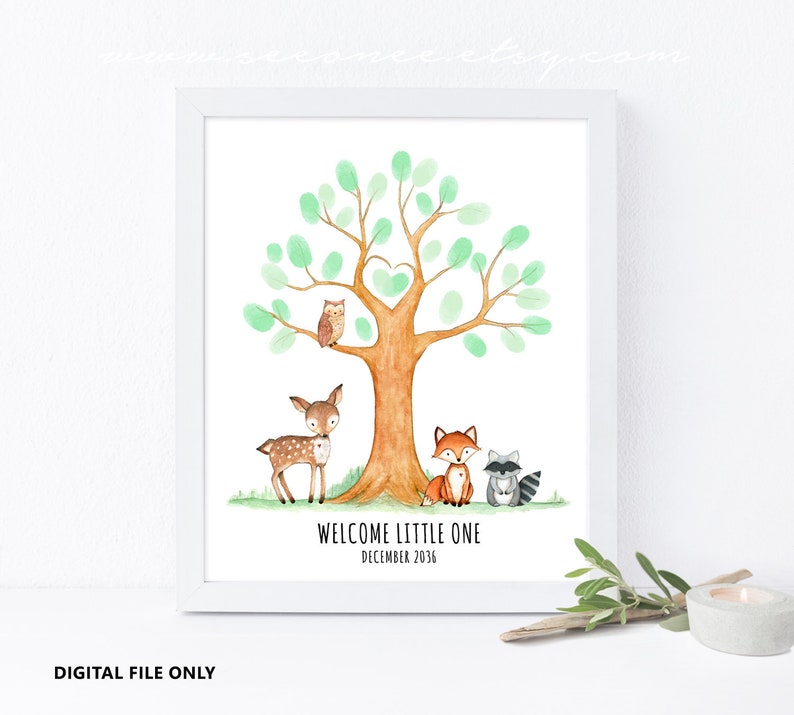 Woodland Animals Baby Shower Fingerprint Tree Guestbook Sign Etsy