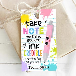 Modèle d&#39;étiquette cadeau stylos d&#39;appréciation des enseignants, imprimable Prenez note que vous êtes étiquette de régal inkcredible, étiquette cadeau marqueurs modifiables, téléchargement immédiat