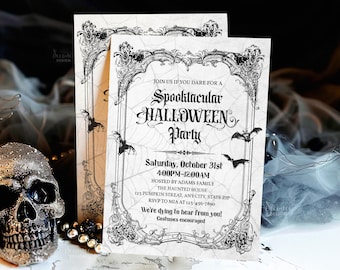 Invitación de Halloween gótica imprimible. Plantilla de invitación de Halloween vintage. Invitación editable para fiesta de disfraces de Halloween. Descarga instantánea. HP02