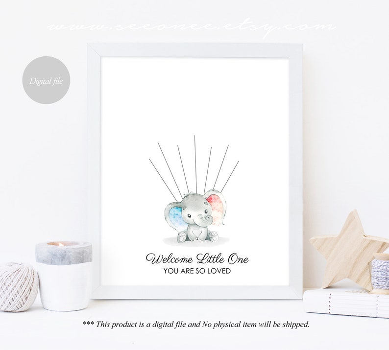 Elephant Baby shower Guest book He or She Gender Reveal Guestbook Boy or Girl Game Printable Fingerprint Poster Thumbprint Balloon