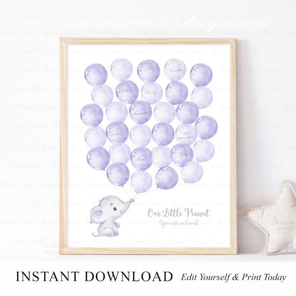 INSTANT DOWNLOAD Editable Lavender Elephant Balloon Guest Book Poster, Elephant Signature Guestbook Alternative, Balloon Baby Shower Sign