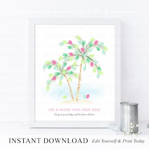 INSTANT DOWNLOAD Editable Palm Tree Thumbprint Guestbook Poster, Tropical Palm Tree Party Fingerprint Guest Book Sign, Birthday Keepsake