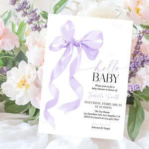 Lavender Bow Baby Shower Invitation Editable Hello Baby Purple Bow Baby Shower Invite Violet Bow Baby Shower Invitation Template A2L1