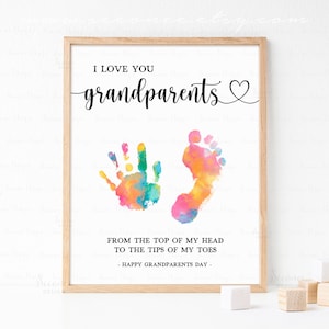 Feliz día de los abuelos huella de la mano huella artesanía regalo imprimible, DIY bebé niños niño pequeño signo de impresión de la mano, regalo de la huella de la mano para los abuelos