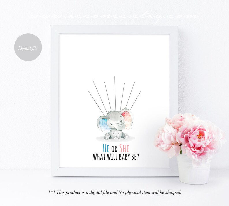 Elephant Baby shower Guest book He or She Gender Reveal Guestbook Boy or Girl Game Printable Fingerprint Poster Thumbprint Balloon