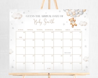 Bewerkbare bruine beer baby vervaldatum kalenderspel, beer genderneutraal We can Bearly Wait babyshower aankomstdatum kalender afdrukbaar, A1A6