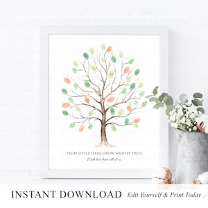 INSTANT DOWNLOAD Editable Yellow Green Fingerprint Tree Guest Book Alternative, Thumbprint Tree Art Guestbook Sign, Greenery Party Keepsake