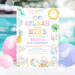 Bewerkbare Splash in Nine 9e verjaardag uitnodiging zwembad feest zomer Splish Splash meisje uitnodiging zwembad feest afdrukbare Instant Download PP01