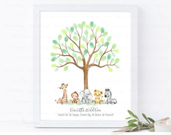 DESCARGA INSTANTE Editable Safari Baby Shower Libro de visitas del árbol de huellas dactilares, Cartel de la huella digital del cumpleaños de la selva, Archivo digital del libro de visitas del mono