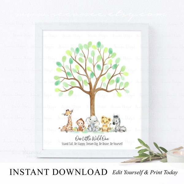 INSTANT DOWNLOAD Editable Safari Baby Shower Fingerprint Tree Guestbook, Jungle Birthday Thumbprint Poster, Monkey Guest Book Digital File